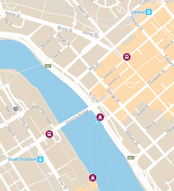 Close-up Brisbane street map showing bus and ferry terminals