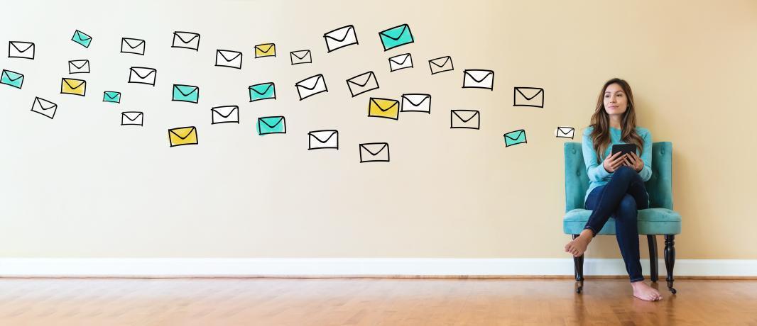 Photo of a young adult sitting on a chair, with animated emails floating into the air from their phone.